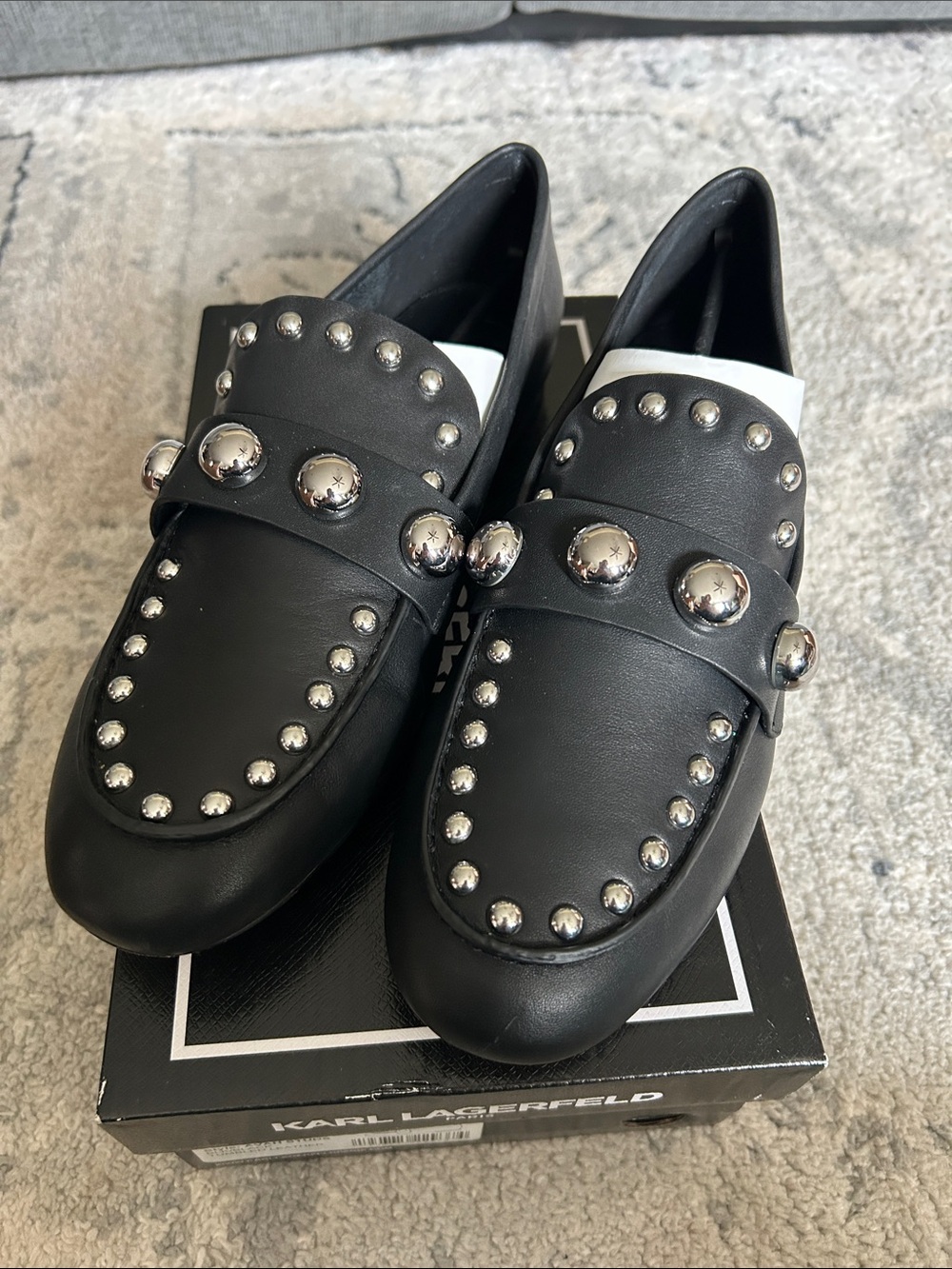 Karl Lagerfeld Black Leather Stud-Accented Loafers